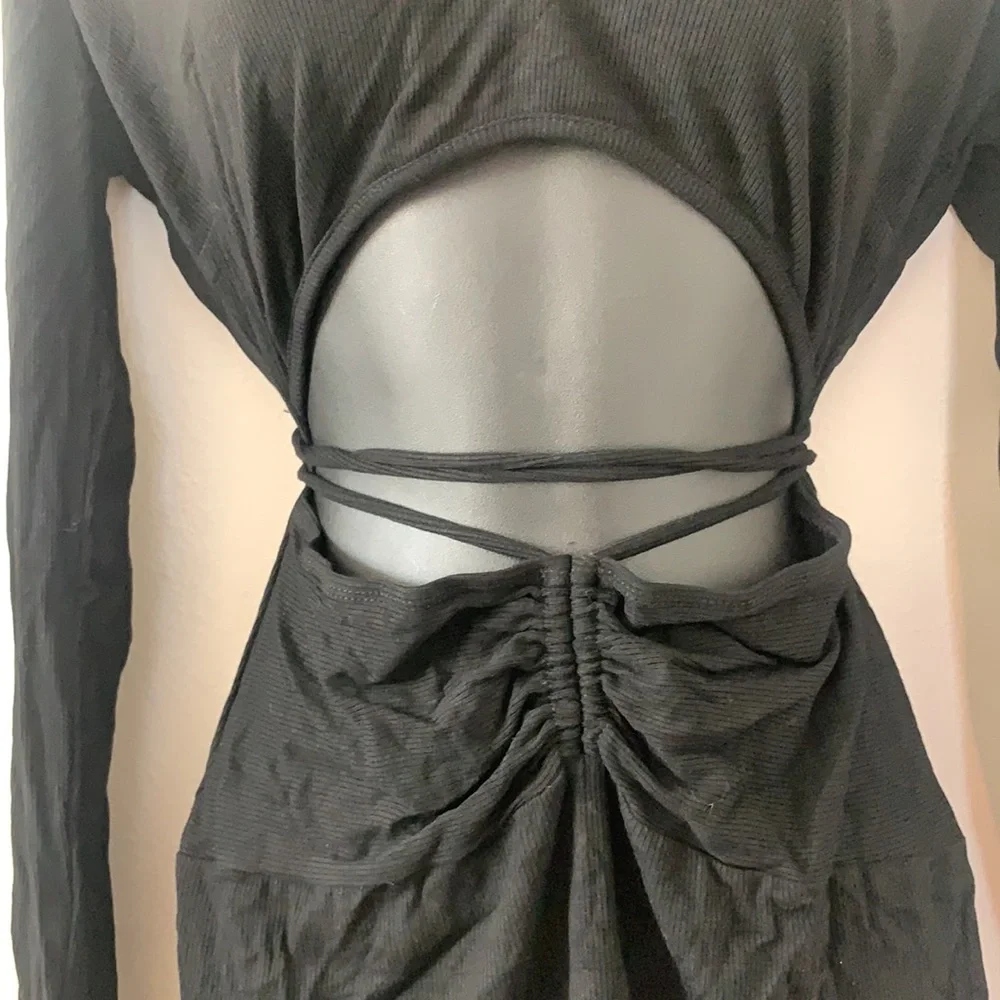 Princess Polly Noa Black Long Sleeve Ribbed Cut Out Criss Cross Tie Mini Dress - Picture 6 of 11